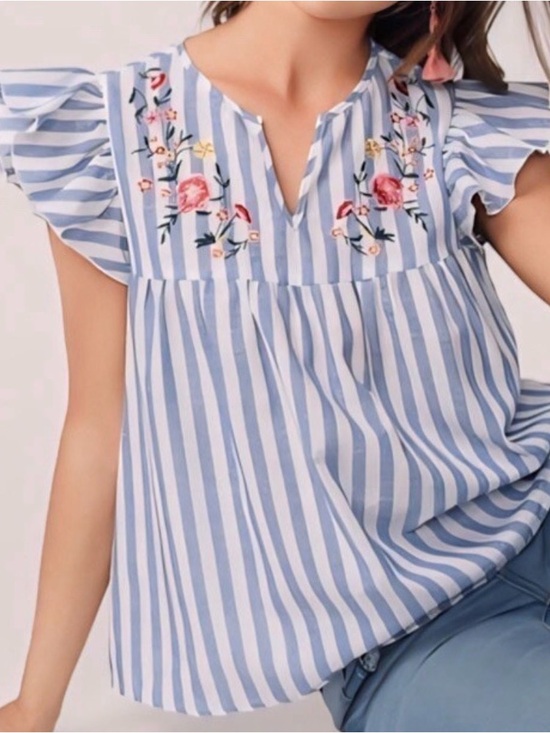 Source Unknown Tops - Source Unknown Blue & White Striped Embroidered Flutter Sleeve Top